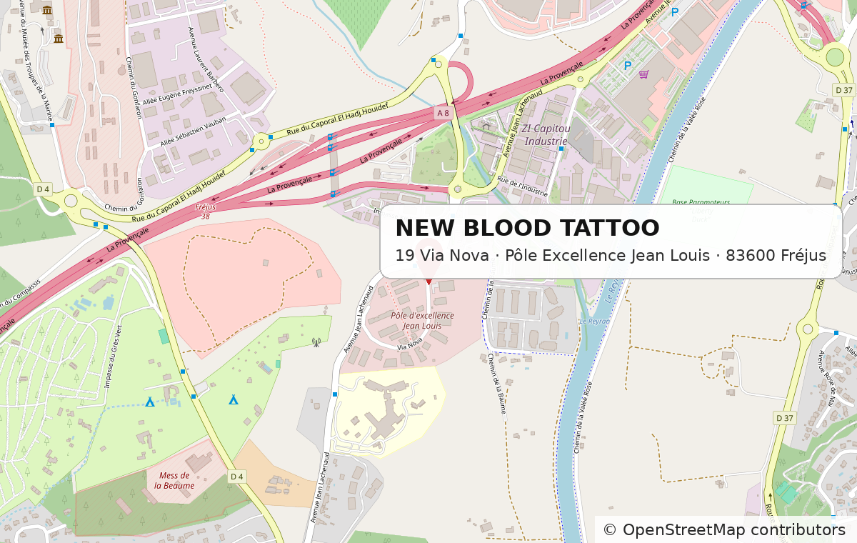 Plan d’accès à New Blood Tattoo, 19 Via Nova, Pôle Excellence Jean Louis à Fréjus